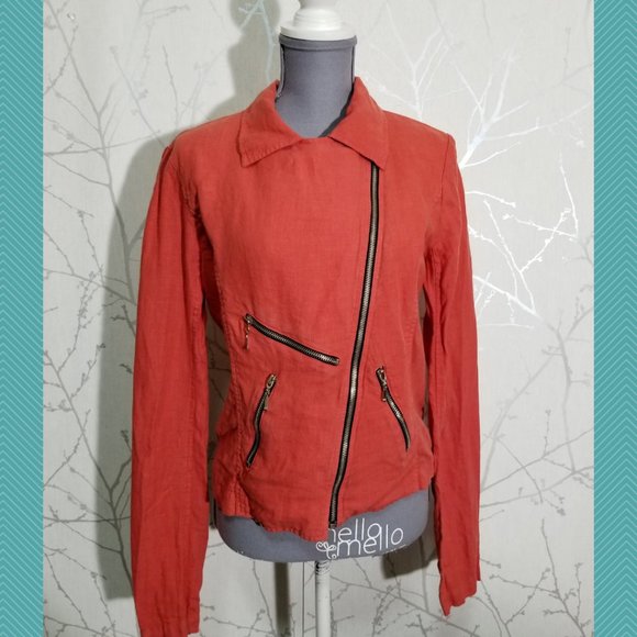 Fluxus Orange Linen Double Breasted Moto Jacket w/ Exposed Zippers - Picture 1 of 4